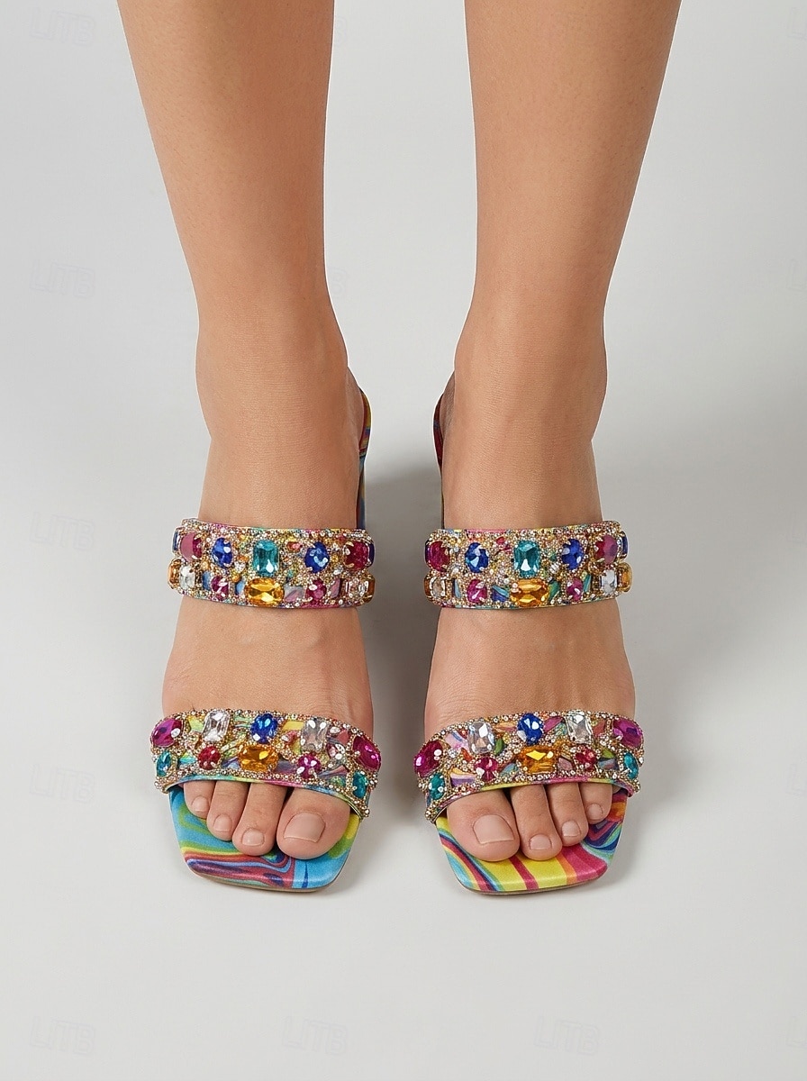 Sandálias femininas coloridas de salto bloco - mules com detalhes em cristal, perfeitas para jantares de férias, festas na praia e noites de verão. de 2026 por $32.99 –P3