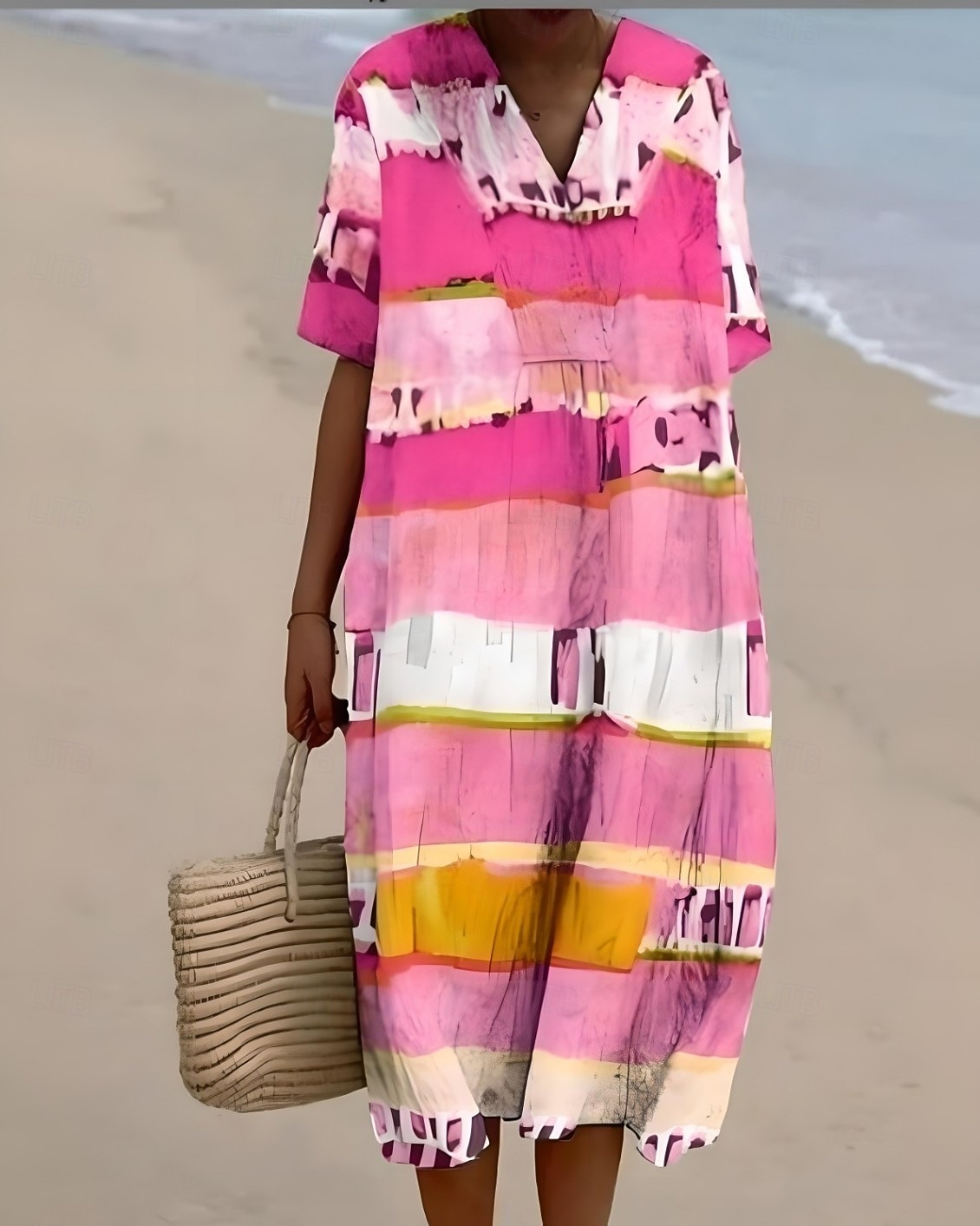 Per donna Abito Midi Vestito Estivo Abito a trapezio Vacanza Casual Spiaggia Spiaggia Feste Vestibilità comoda Grafico Geometrico Manica Corta Scollo a V Rosa Arancione Arcobaleno Estate Primavera del 2026 a $39.99 –P1