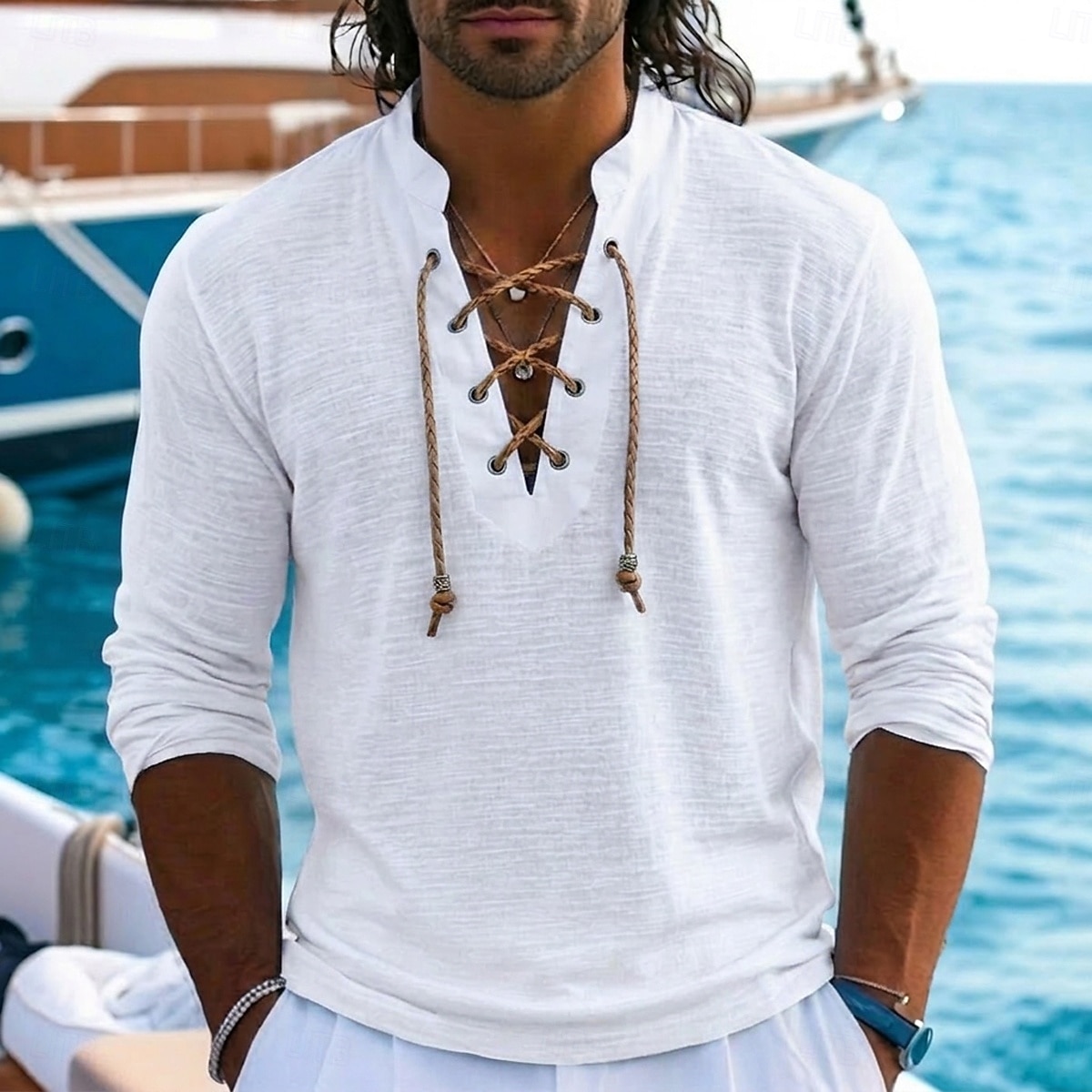 Per uomo Maglietta in lino Manica Lunga Collo con lacci Henley Primavera & Estate Estate Primavera Tinta unica Semplice Vintage Nautico Stile Boho Allacciato Trasparente Casuale Vacanza Streetwear del 2026 a $20.99 –P6