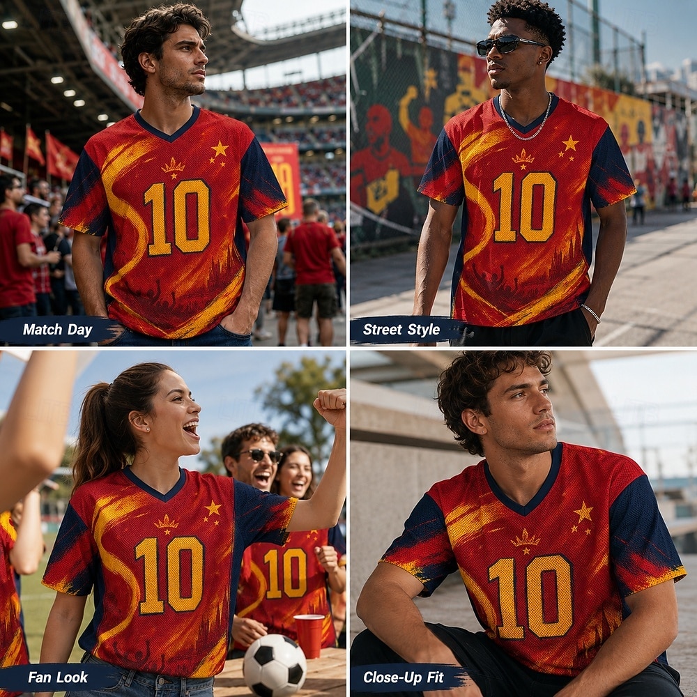 Fußball-Pokal 2026 Herren Zahlengrafik Spanien T Shirt Jersey Shirts Kurzarm T-Shirt 3D-Druck V Ausschnitt Hemd Sport Streetstyle Sport im Freien Spieltag American Football Rot 4 Rot 3 Rote Frühling 2026 - $23.99 –P6