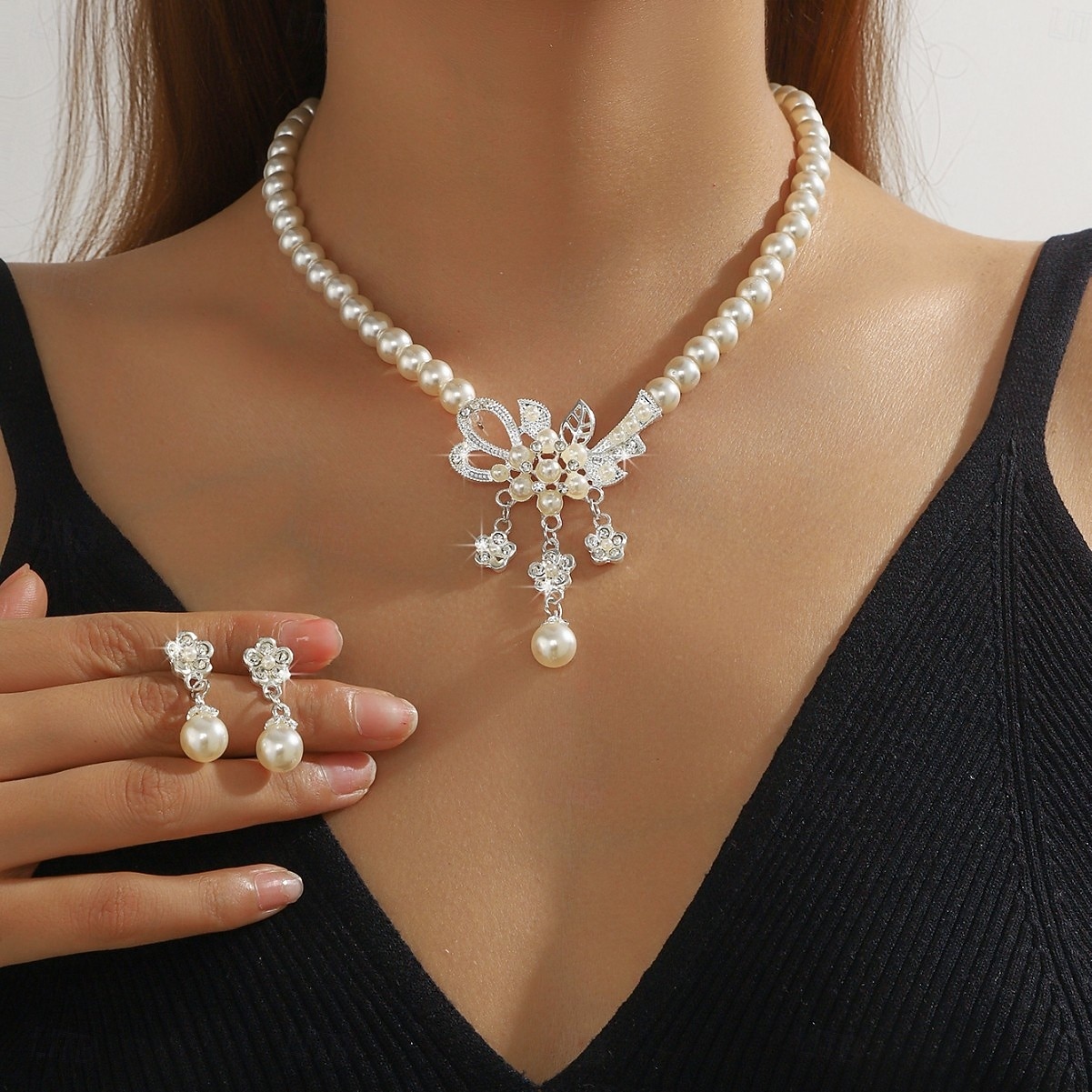 Juego de Joyas 2 Perla Perla Pendientes Collare Mujer Elegante Redondo Conjunto de joyas Para Fiesta Boda 2026 - $17.49 –P1
