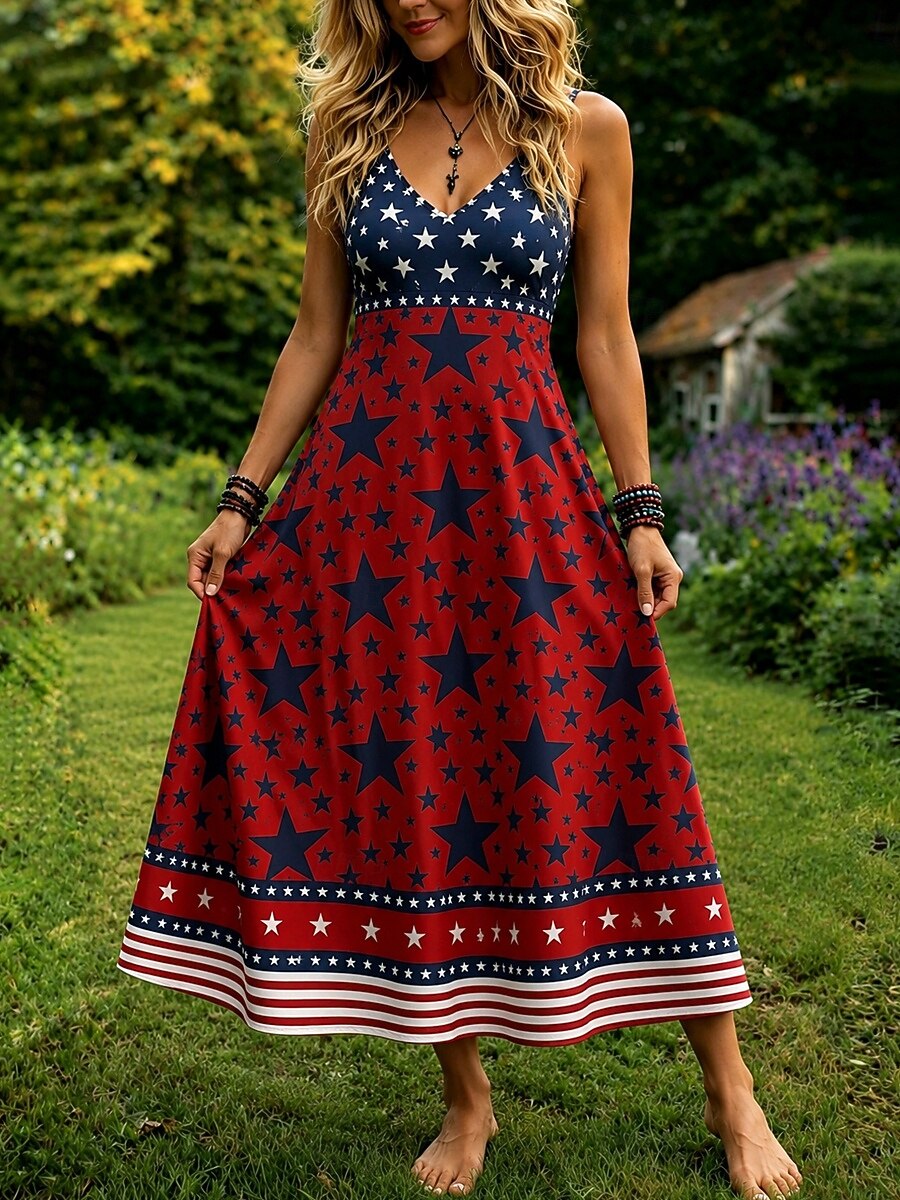 Jour de l'Indépendance Américaine Femmes Robe Midi Robe trapèze Robe Nuisette Vacances Occasionnel Coupe régulière Graphique Drapeau Sans manches Col en V Bleu Vin Rouge Été Printemps de 2026 ? $36.99 –P2