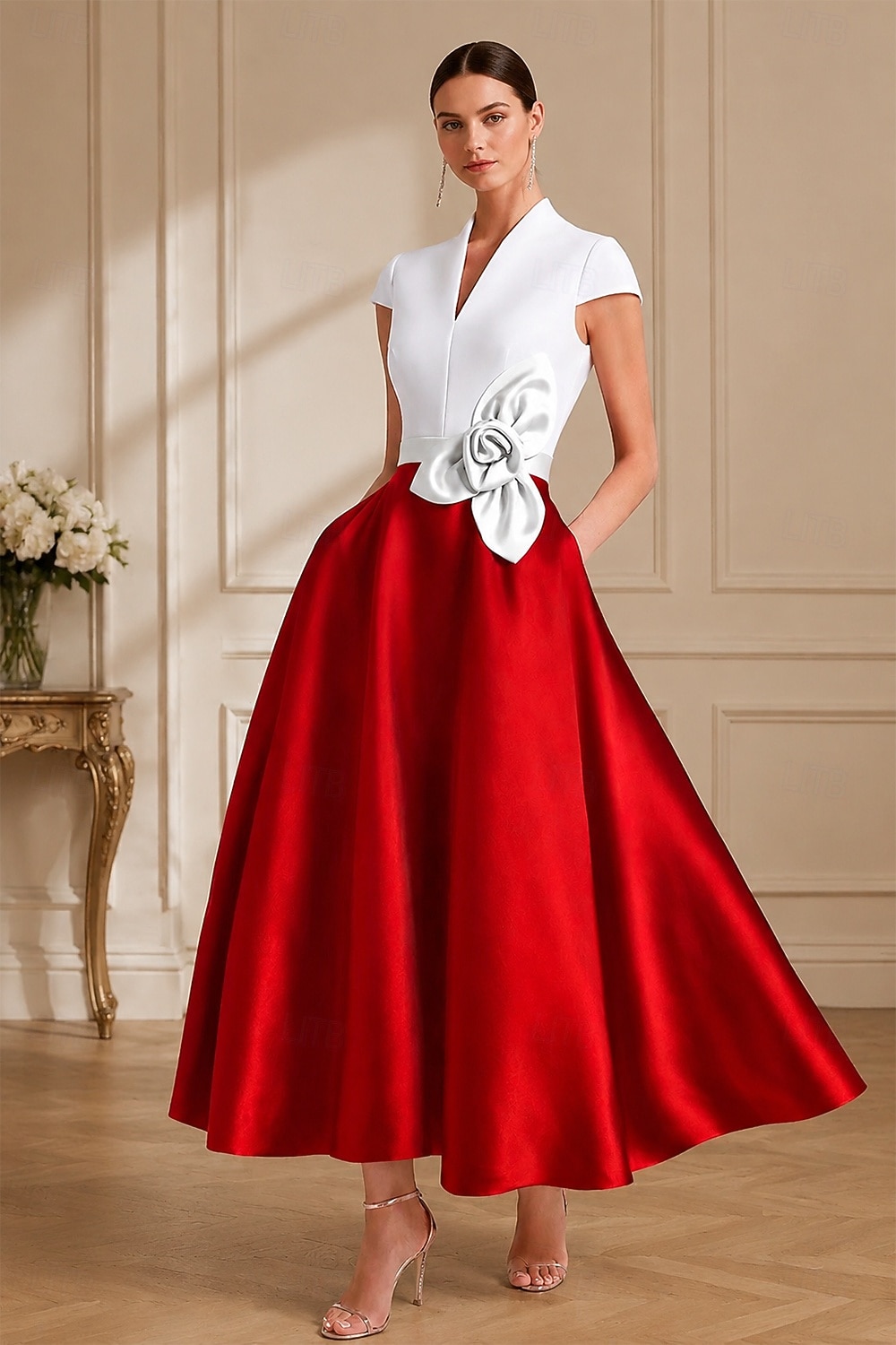 A-Linie Tee-Länge Cocktailkleider Partykleider Elegant Farbblock seidig Kurzarm V Ausschnitt Hochzeit Formell Tasche Satin mit Tasche 2026 - $172.99 –P1