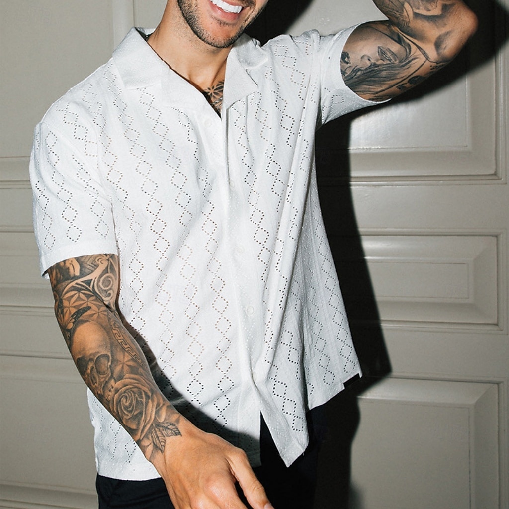 Men's Shirt Casual Shirt Button Up Shirt Jacquard Shirt Black White Short Sleeve Plain Shirt Collar Casual Daily Buttons Clothing Apparel Elegant Fashion Casual 2026 - $31.99 –P3