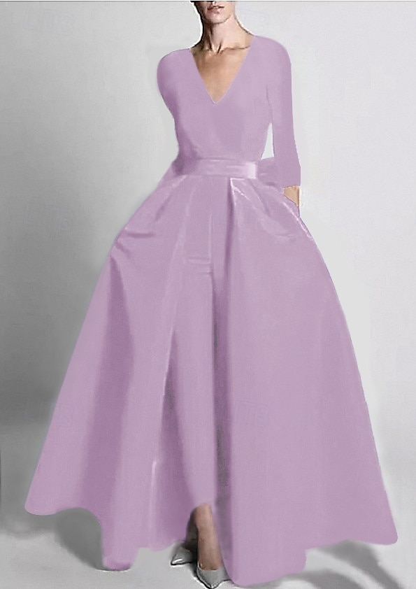 Dos Piezas Mono Hasta el Suelo Desmontable Vestidos de noche Elegante Manga Larga Escote en Pico Boda Invitado a la boda Bolsillo Tejido elástico con Mariposa 2026 - $160.99 –P10