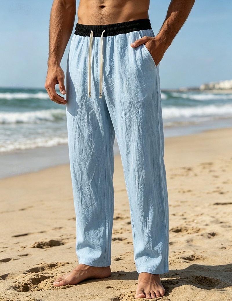 Men's Linen Pants Trousers Summer Pants Beach Pants Drawstring Pocket Elastic Waist Color Block Comfort Breathable Knee Length Daily Outdoor Beach Vacation Fashion Black White Inelastic 2026 - $26.99 –P9