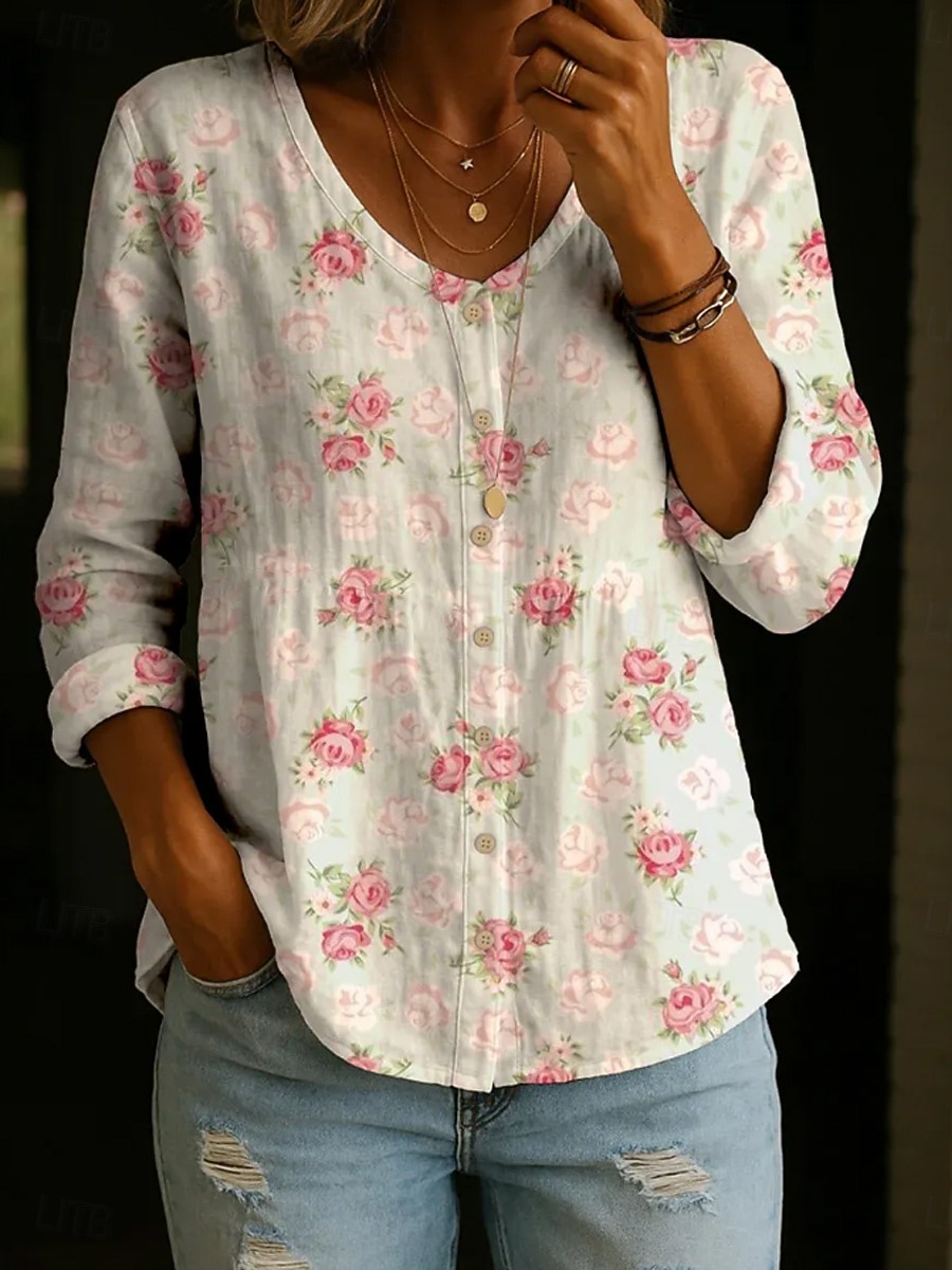 Per donna Camicia Bottoni Stampato Floreale Grafico Vintage Quotidiano Elegante Manica Lunga Scollo a V Top Regolari Casuale Quotidiano Bianco Rosa Beige Estate Primavera del 2026 a $34.99 –P6