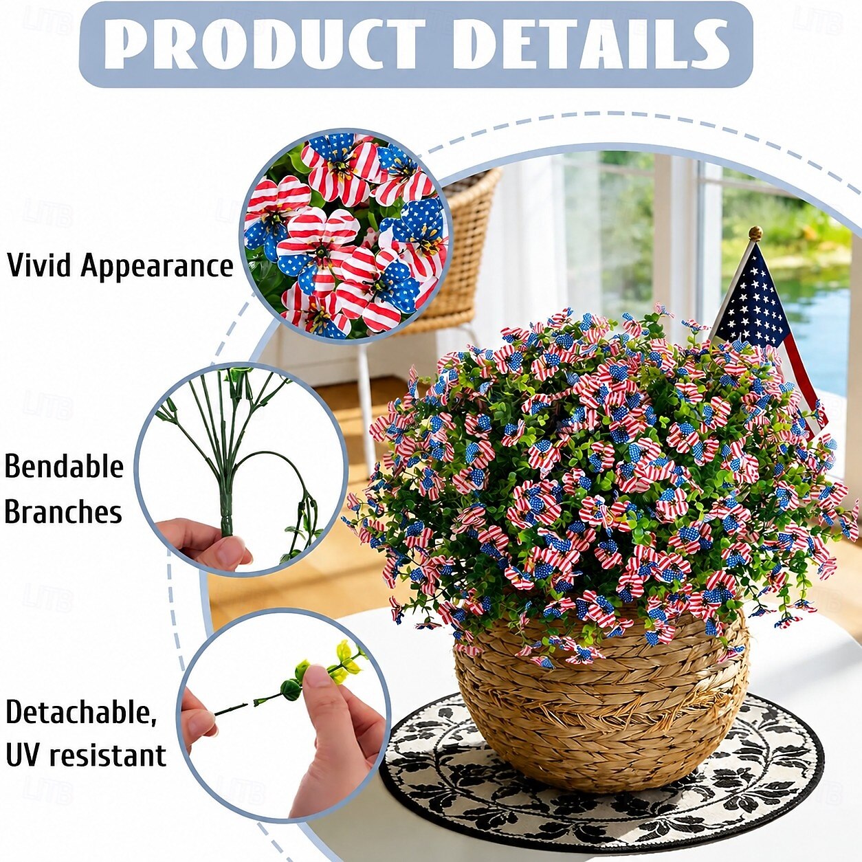 12 ramos de flores artificiais patrióticas com folhas de eucalipto, decoração vermelha, branca e azul para o 250º aniversário dos EUA, Dia da Memória e Dia dos Veteranos. de 2026 por $23.99 –P3