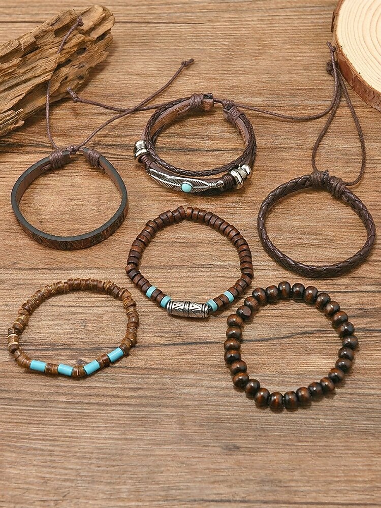 6-teiliges Boho-Armbandset für Herren aus Leder – Vintage-Holzperlen &Armbänder mit Federanhänger aus Silberlegierung, stapelbar, für sommerlichen Strandurlaub und lässige Alltagskleidung 2026 - E£578.65 –P5