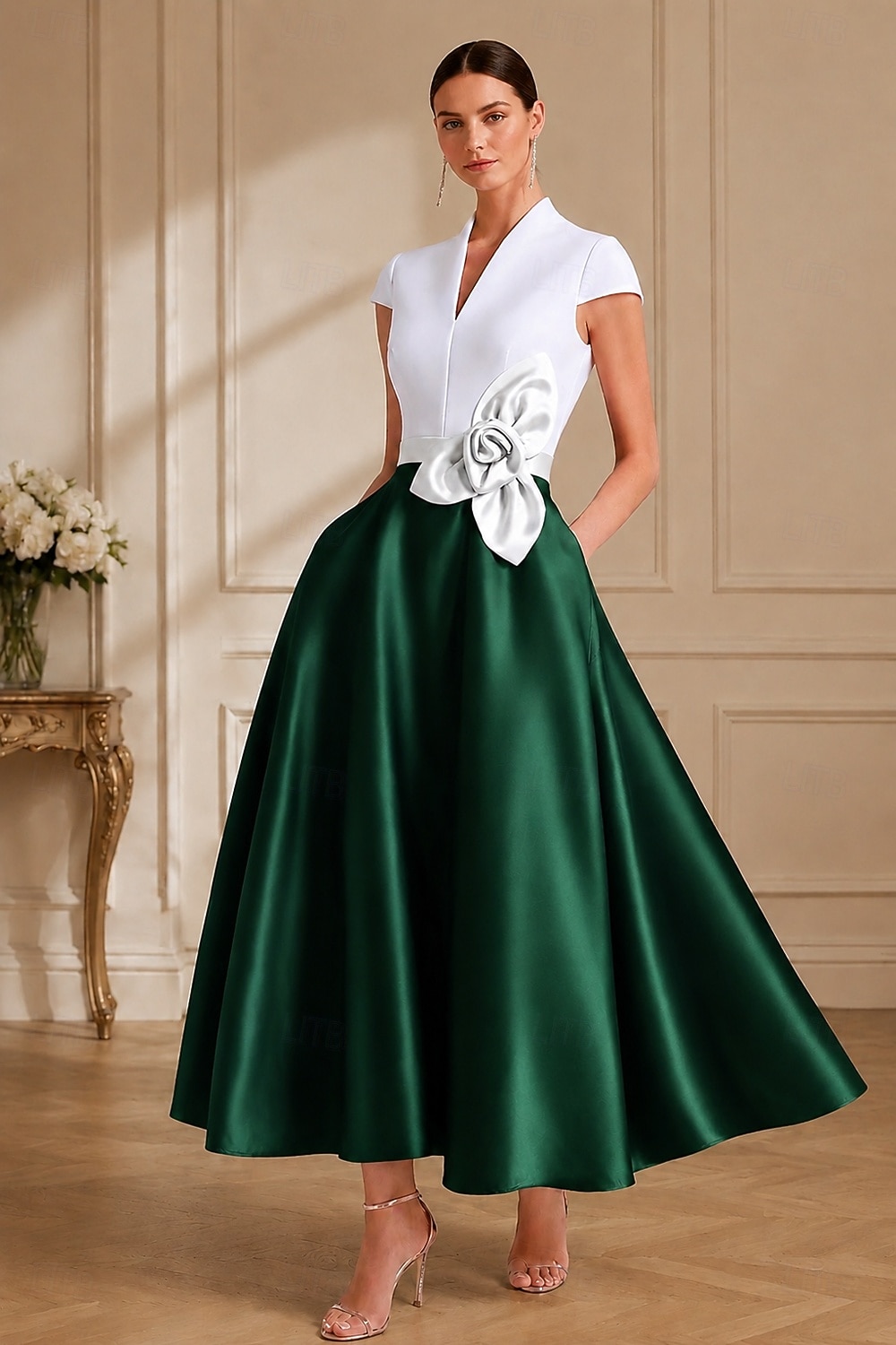 A-Linie Tee-Länge Cocktailkleider Partykleider Elegant Farbblock seidig Kurzarm V Ausschnitt Hochzeit Formell Tasche Satin mit Tasche 2026 - $172.99 –P15