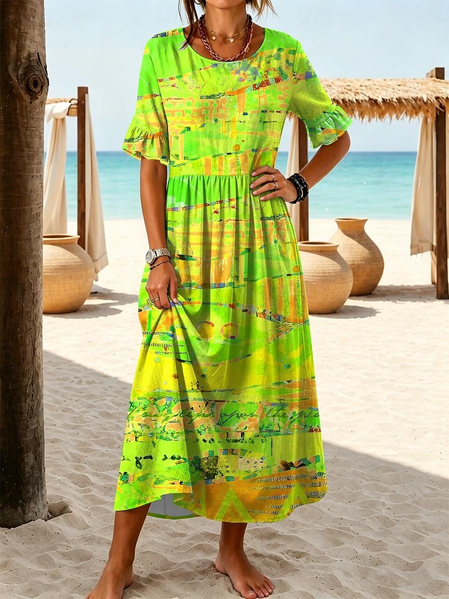 Per donna Abito Midi Vestito Casual Abito a trapezio Elegante Vacanza Spiaggia Ferie Vestibilità regolare Grafico Geometrico Mezza Manica Girocollo Blu Viola Arancione Verde Estate Primavera del 2026 a $43.99 –P2