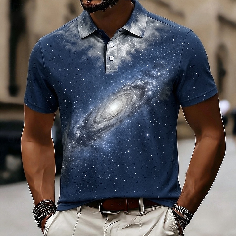 Bărbați Galaxie Tricouri polo Manșon scurt Tricouri de polo Cămăși cu guler Casual Îmbrăcăminte Atletică Imprimare 3D Nasturi Material Plasă care Respiră Vară Primăvară Albastru piscină Negru Galben 2026 - $22.99 –P2
