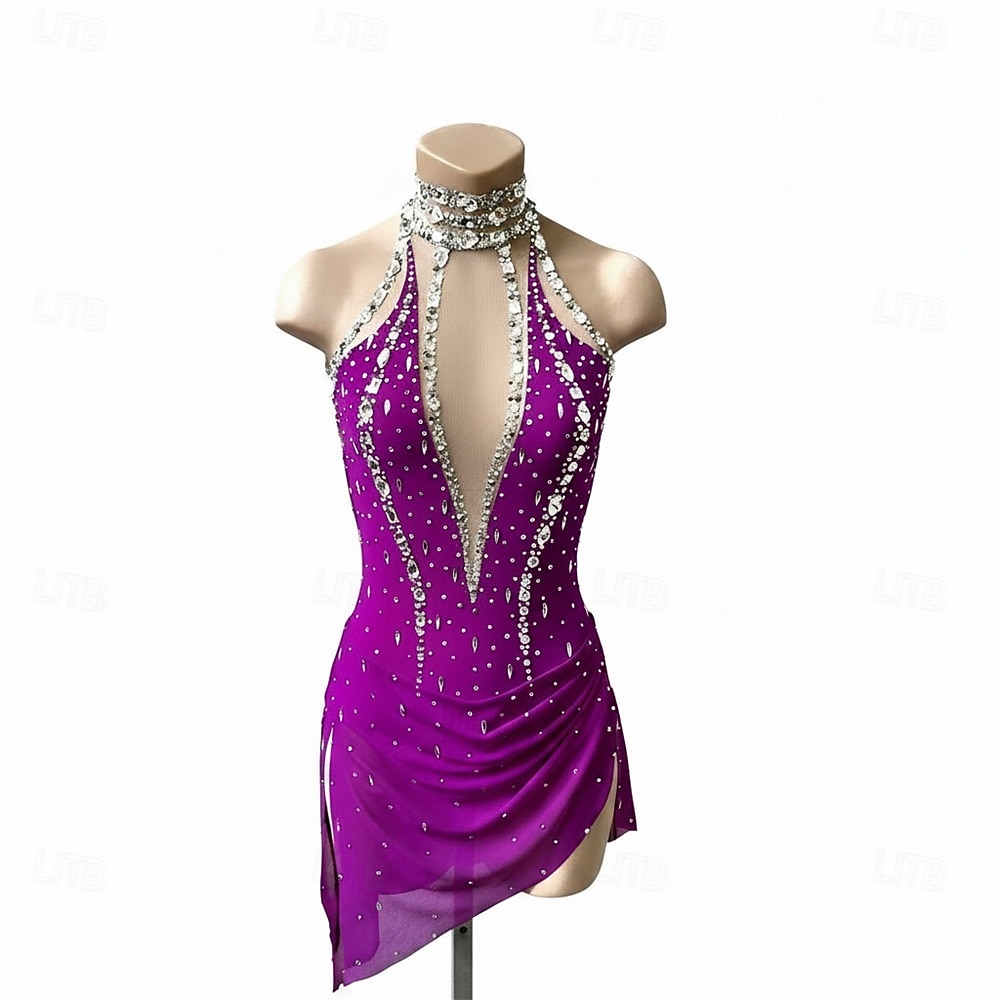 Figure Skating Dress Women's Ice Skating Dress Violet Patchwork Open Back Stretchy Training Competition Skating Wear Classic Crystal / Rhinestone Sleeveless Ice Skating Figure Skating 2026 - $285.99 –P1