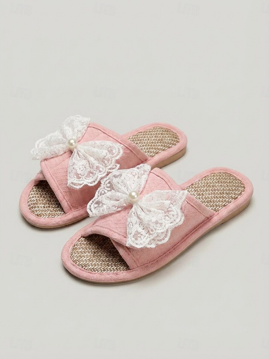 Women's Pink Linen Open-Toe House Slippers - Breathable Magic Tape Indoor Slides with White Lace Bow & Pearl Decor, Non-Slip Soft Sole Casual Slippers for Wide Swollen Feet, Bedroom, Spa & Daily Wear 2026 - $19.99 –P1