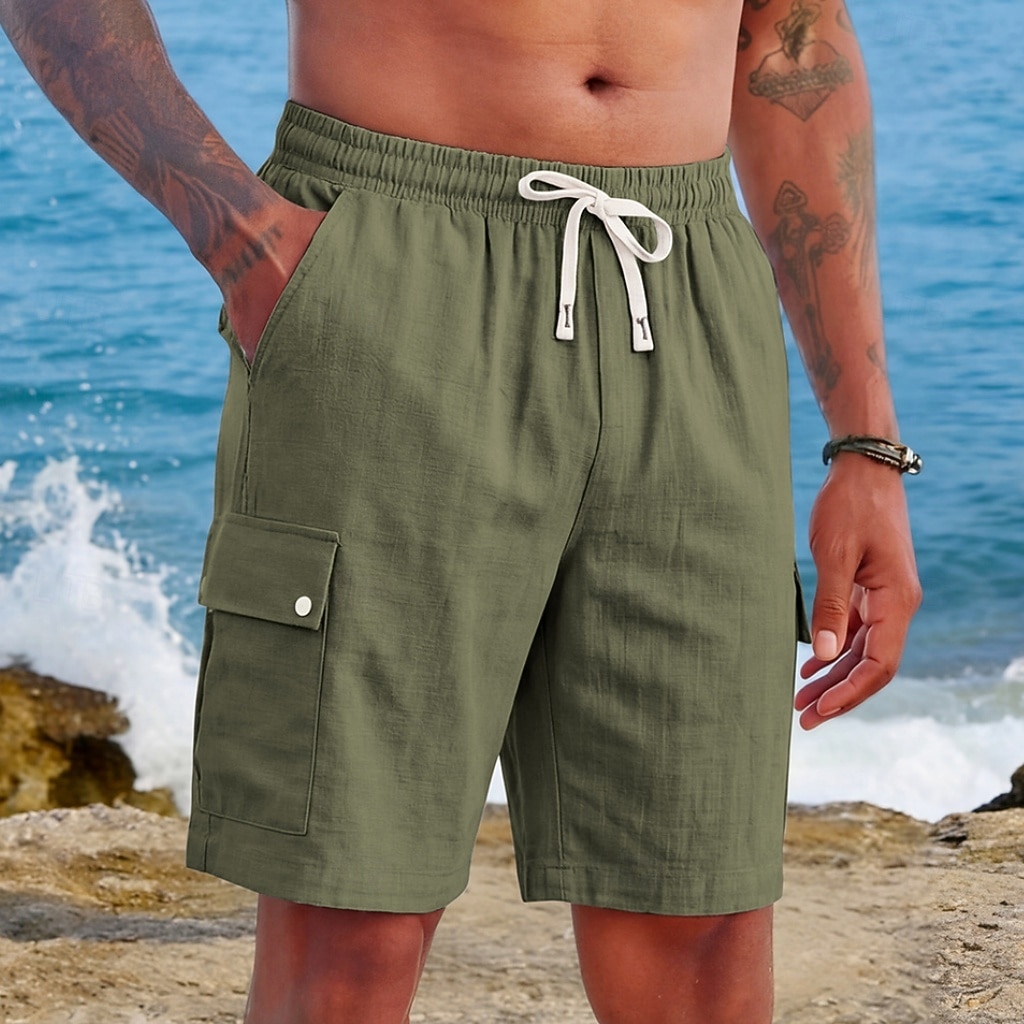 Men's Shorts Linen Shorts Summer Shorts Beach Shorts Drawstring Elastic Waist Multi Pocket Plain Comfort Soft Knee Length Daily Outdoor Beach Vacation Fashion Khaki Black Inelastic 2026 - $25.99 –P15