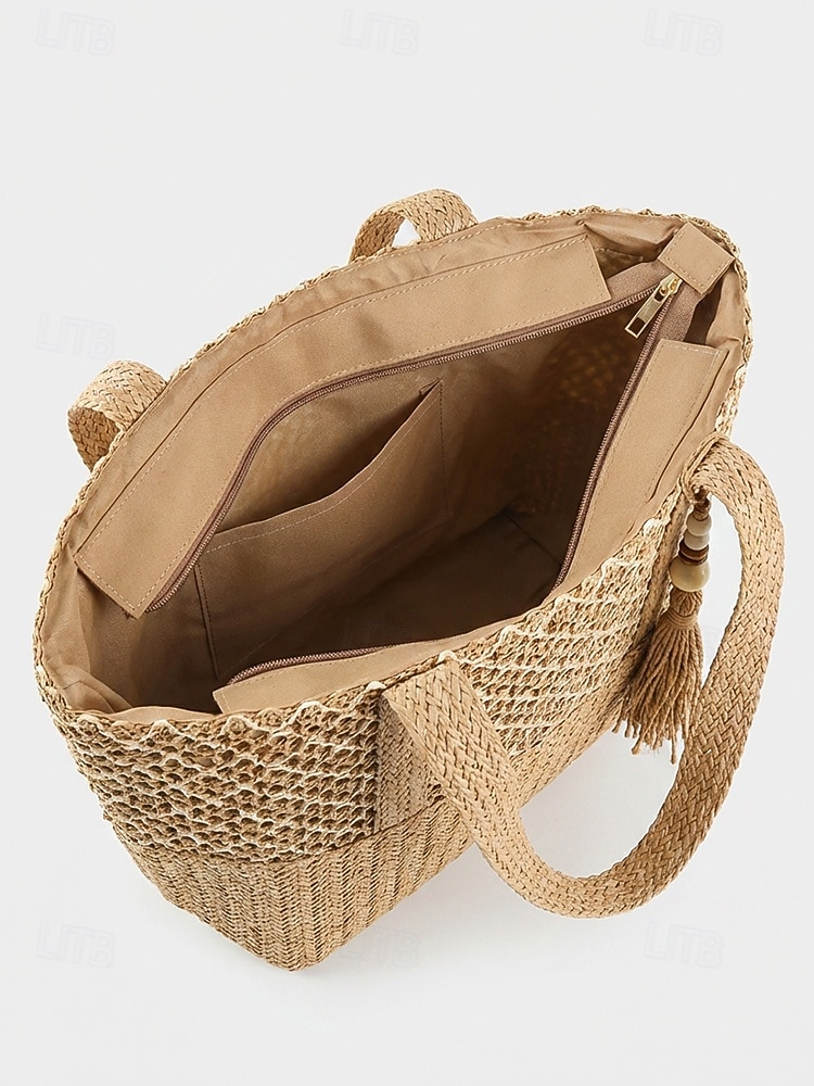 Borsa tote da donna in stile bohémien intrecciata, borsa a tracolla capiente color kaki beige da spiaggia con ciondolo a nappina, ideale per vacanze al mare, viaggi e abbigliamento casual quotidiano. del 2026 a $18.99 –P7