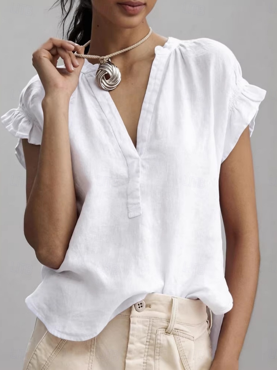 Dames Blouse Overhemd van imitatie linnen Ruche Effen Kleur Dagelijks Stijlvol Basic Korte mouw V-hals Normale tops Casual Dagelijks Wit Blozend Roze Groen Khaki Zomer Lente 2026 - $21.99 –P1