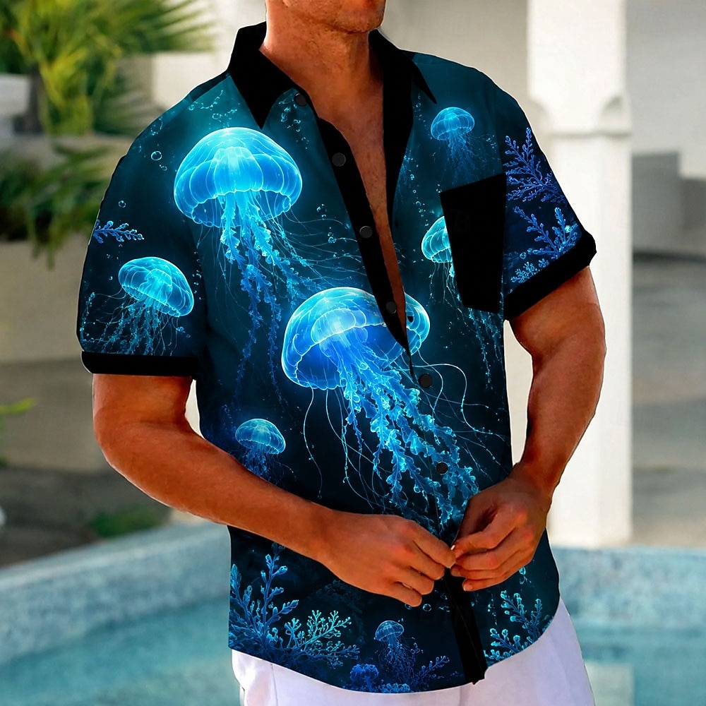 Herr Manet Havsvarelser Neonljus Skjorta Hawaii skjorta Tropiska skjortor Kortärmad Hawaiisk Strandsemester Sommar Vår Nedvikt 3D-utskrift Främre en ficka Skjortor med knappar Blå Violett Orange Grön 2026 - $25.99 –P1