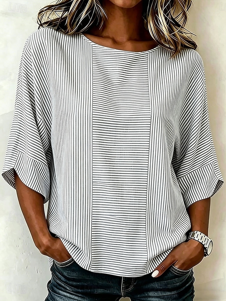 Dames Overhemd Afdrukken Grafisch Gestreept Vintage Dagelijks Stijlvol Halve mouw Strakke ronde hals Boothals Normale tops Casual Dagelijks Feestdagen blauw Blozend Roze Grijs Zomer Lente Herfst 2026 - $29.99 –P5
