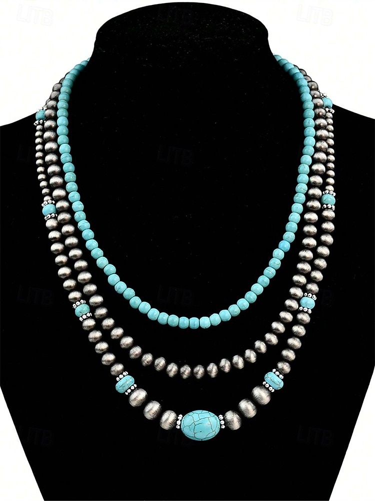 Collar de mujer con cuentas turquesas en capas: joyería de estilo bohemio del suroeste para atuendos informales, fiestas en la playa y festivales de verano. 2026 - $14.99 –P7