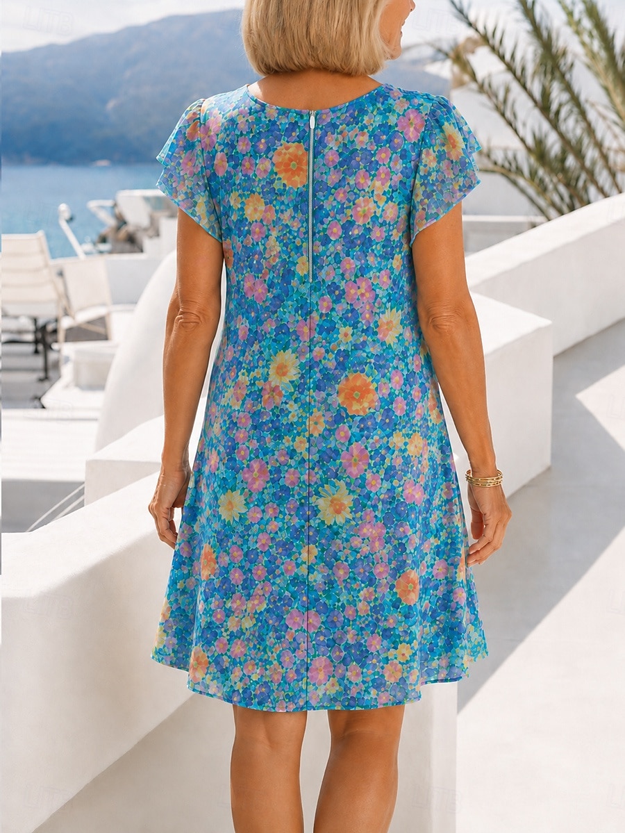 Damen Knielanges Kleid Chiffonkleid Blumenkleid Elegant Mode Modern Urlaub Party Wochenende Normale Passform Blumen Kurzarm Rundhalsausschnitt Blau Sommer Frühling 2026 - $29.99 –P2
