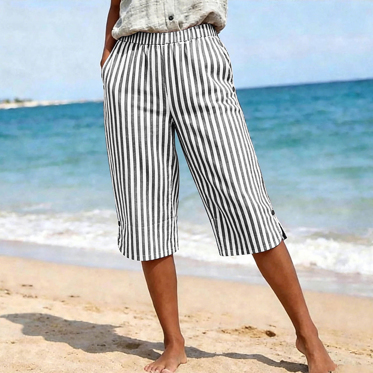 Per donna Pantaloni capri Vacanza Essenziale Lunghezza al polpaccio Vita Alta Grafico A righe A strisce Confortevole Traspirante Inelastico Vacanza Formale Abbigliamento quotidiano Blu Nero Rosa Verde del 2026 a $32.99 –P5
