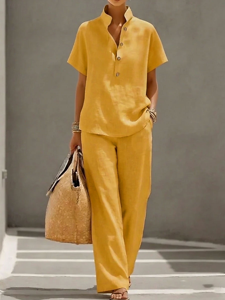 Women's Linen-feel Set Pants Sets Short Sleeve Stand Collar Solid Color Fashion Streetwear Casual Daily Outdoor Blue Yellow Khaki Spring & Summer Loose Fit 2026 - $17.49 –P1