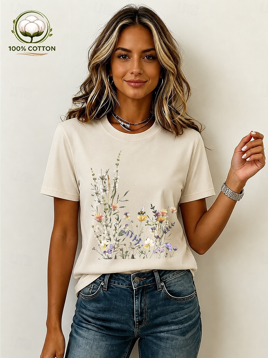 Women's 100% Cotton T Shirt Print Floral Graphic Vintage Stylish Casual Short Sleeve Crew Neck Regular Tops Casual Daily Weekend Light Beige Black White Pink Summer Spring 2026 - $21.99 –P5