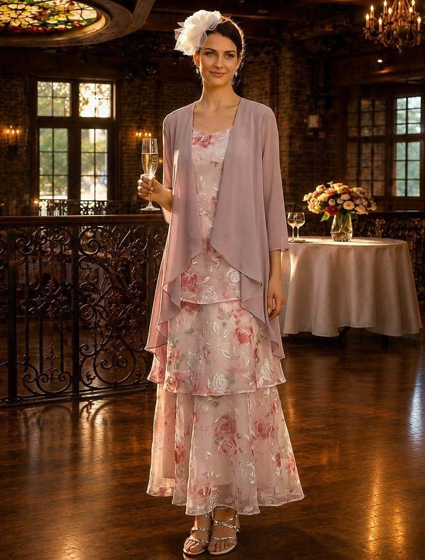 Two Piece A-Line Ankle Length Wedding Guest Dress Loose Mother of the Bride Dress 3/4 Length Sleeve Scoop Neck Elegant Simple Casual Formal Wedding Guest Holiday Chiffon Wrap Included with Floral 2026 - $159.99 –P3