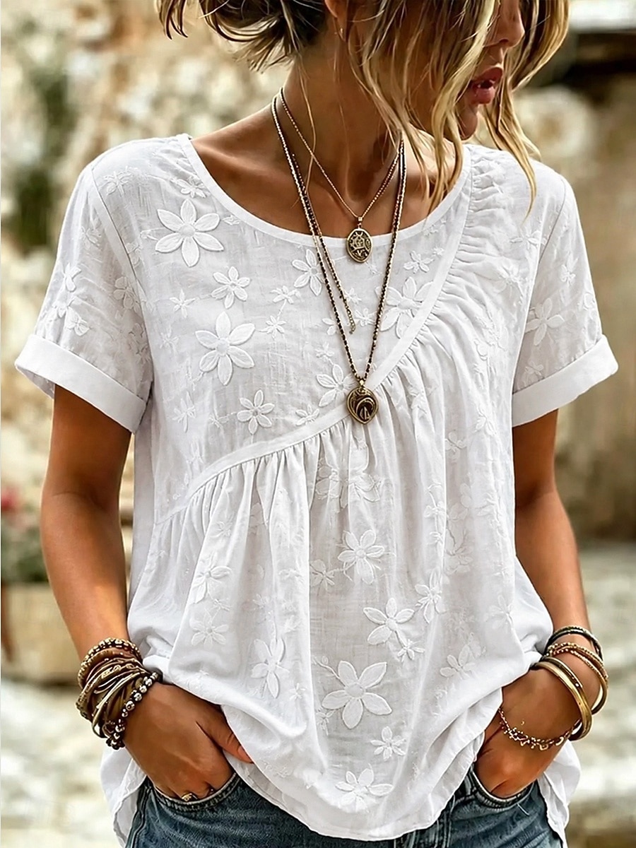Damen T Shirt Bestickt Blumen Grafik Mode Kurzarm Rundhalsausschnitt Lange Oberteile Lässig Strand Weiß Sommer Frühling 2026 - $25.99 –P1