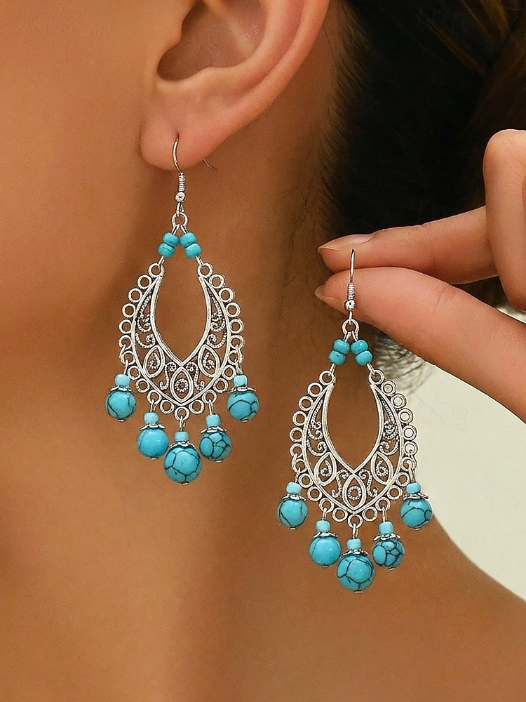 Statement-Ohrringe aus türkisfarbener Legierung im Boho-Stil für Damen, vielseitig kombinierbar, übergroße Hängeohrringe für Strandurlaub, Sommerreisen und den Alltag. 2026 - $7.99 –P1