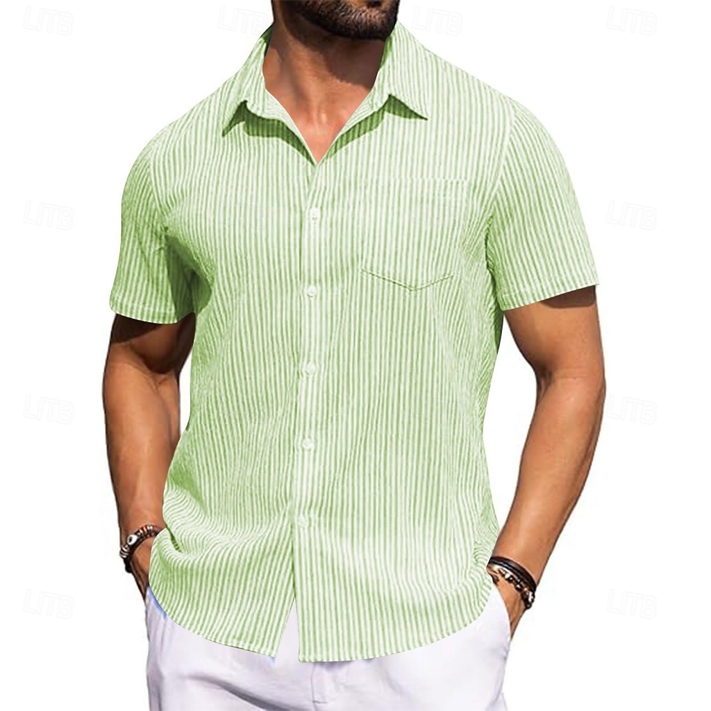 Men's Shirt Ribbed Knitted Casual Shirt Button Up Shirt Pink Navy Blue Green Light Blue Short Sleeve Vertical Stripes Shirt Collar Casual Daily Front Pocket Clothing Apparel Elegant Fashion Casual 2026 - $20.99 –P3