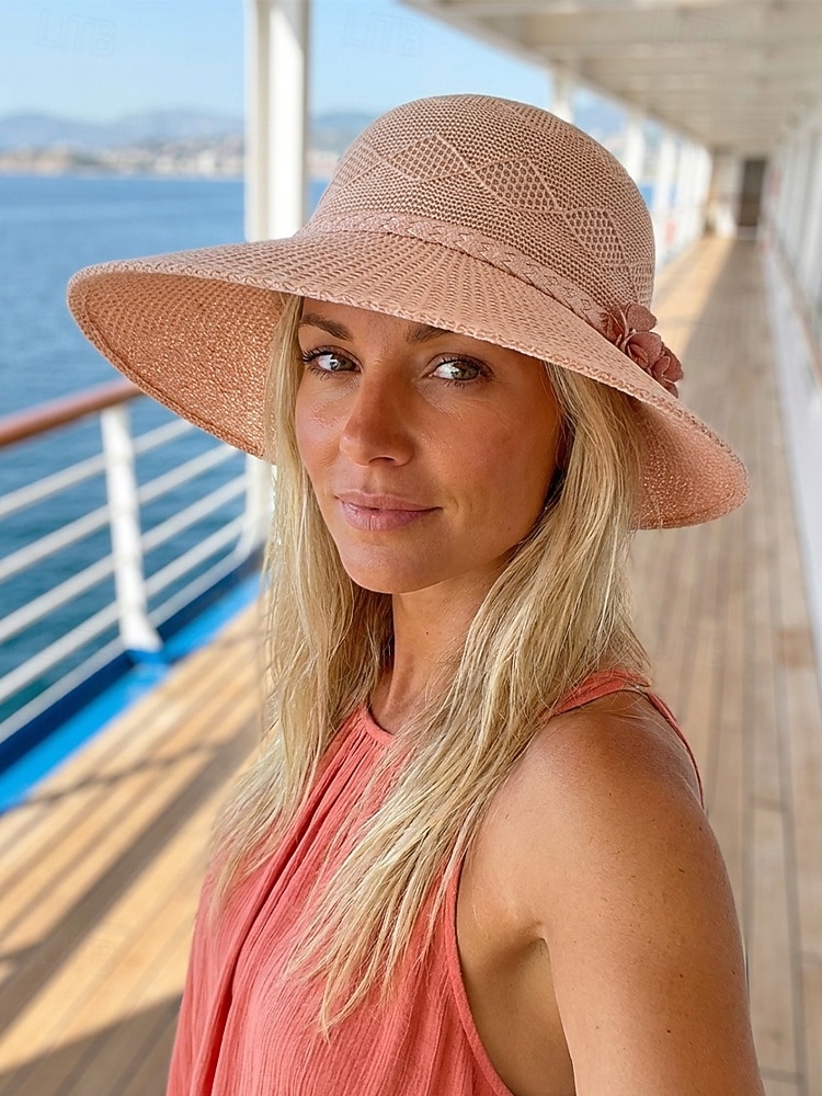 Chapéu de sol feminino boho de palha - chapéu de praia de verão com aba larga e decoração de flor 3D, fedora respirável em poliéster trançado para férias e uso casual diário. &Proteção solar, várias de 2026 por $11.99 –P4