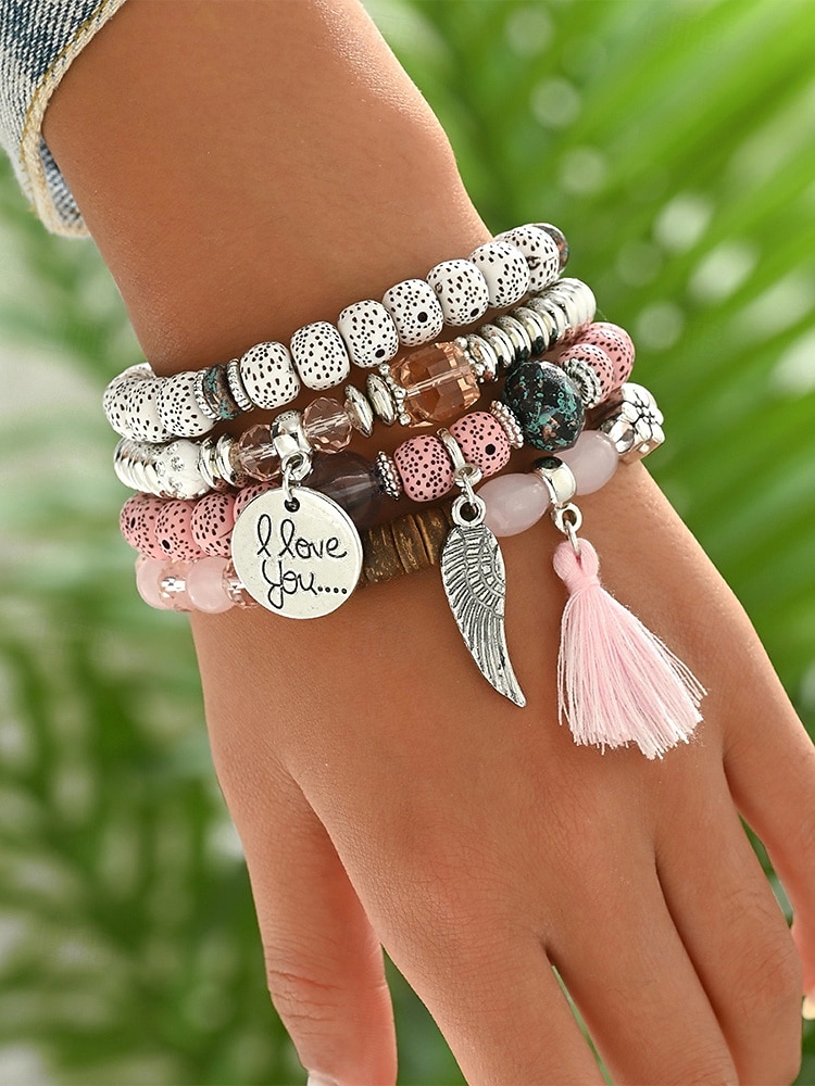 Mehrlagiges Perlenarmband-Set im Boho-Stil für Damen – farbenfrohe Armbänder mit Quaste und Flügelanhänger für Freizeit und Strand. 2026 - $9.99 –P2