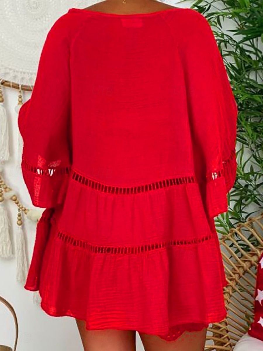 Mulheres Blusa Renda Côr Sólida à moda Básico Casual Manga Longa Decote V Tops regulares Casual Diário Praia Branco Amarelo Vermelho Marron Verão Primavera Outono de 2026 por $29.99 –P2