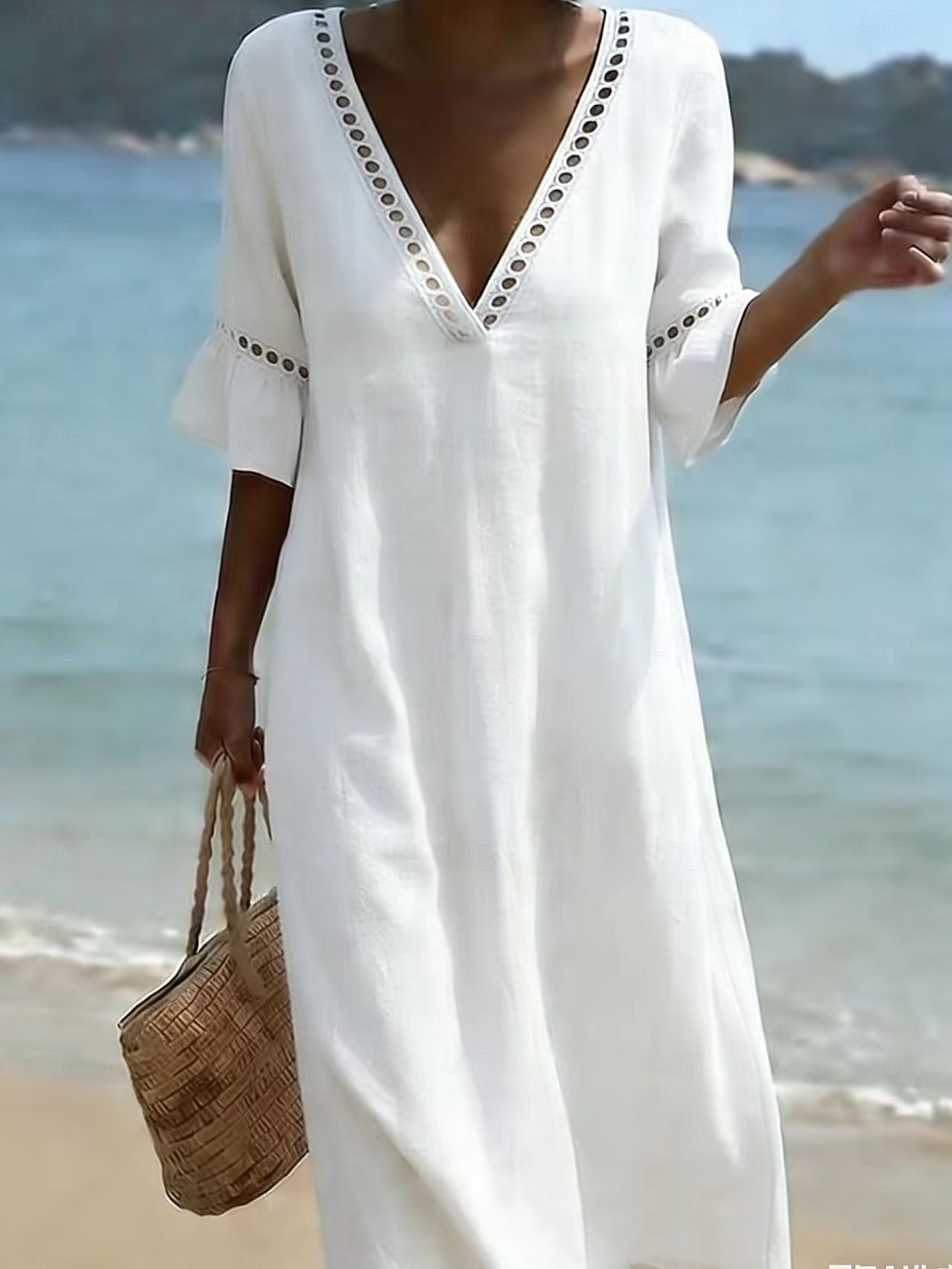 Mulheres Vestido midi Vestidos Para o Verão Elegante Férias Manga Princesa Praia Ajuste Largo Côr Sólida Meia Manga Decote mergulhador Azul Claro Branco Champanhe Verde Claro Verão Primavera de 2026 por $26.99 –P6