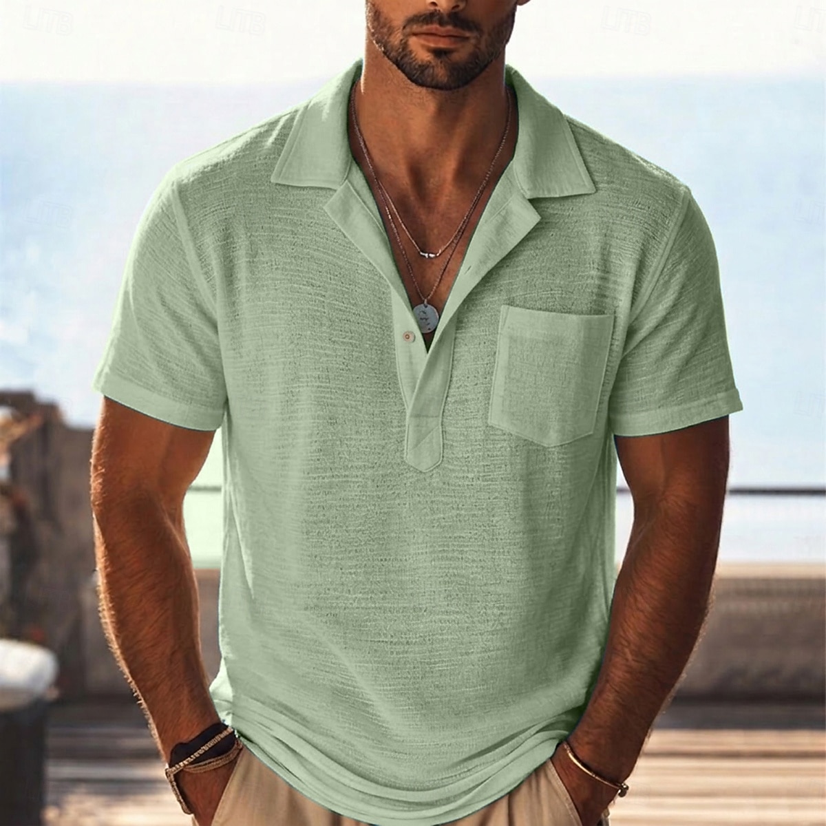Per uomo Camicia di lino Polo Casuale Vacanza Colletto cubano Manica Corta Vacanza Moda Semplice Testurizzato Bottoni Puro Estate Primavera Vestibilità regolare Blu Nero Bianco Verde chiaro Verde del 2026 a $24.99 –P7