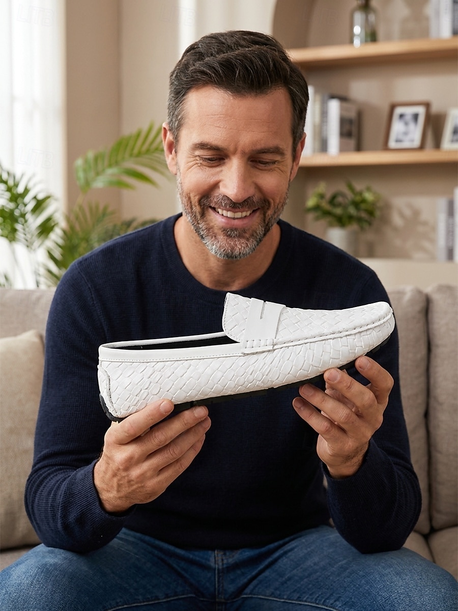 Mocassins masculinos brancos estilo penny loaf - sapatos leves e macios, fáceis de calçar - calçado refinado para noites de resort, jantares de férias, encontros na praia e um estilo elegante e descontraído. de 2026 por $42.99 –P2