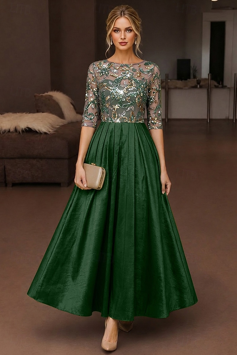 A-Line Ankle Length Tea Length Cocktail Dresses Elegant Sparkle Half Sleeve Boat Neck Wedding Cocktail Party Taffeta Stretch Satin with Lace Pleats Sequin 2026 - $171.99 –P1