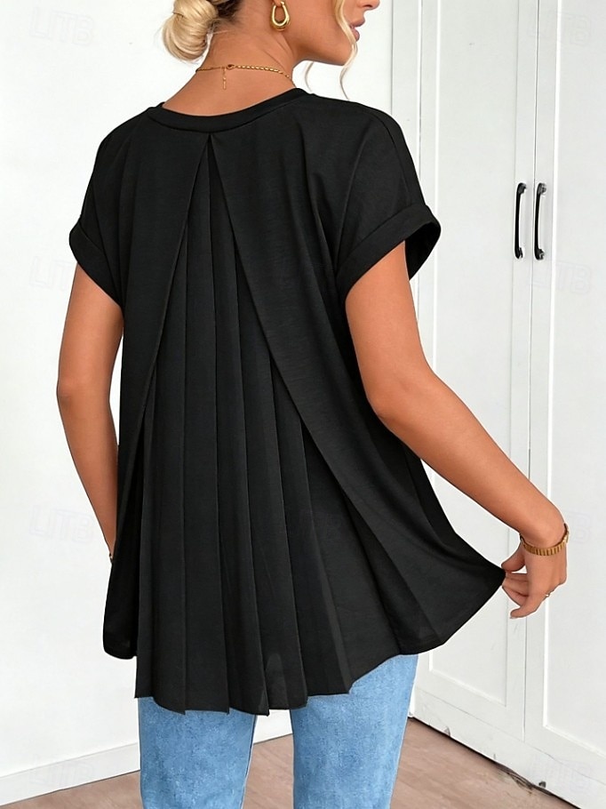 Women's Shirt Boho Shirt Pleated Elegant Vacation Daily Short Sleeve V Neck Long Tops Casual Daily Going out Black White Pink Sky Blue Green Summer Spring 2026 - $26.99 –P6