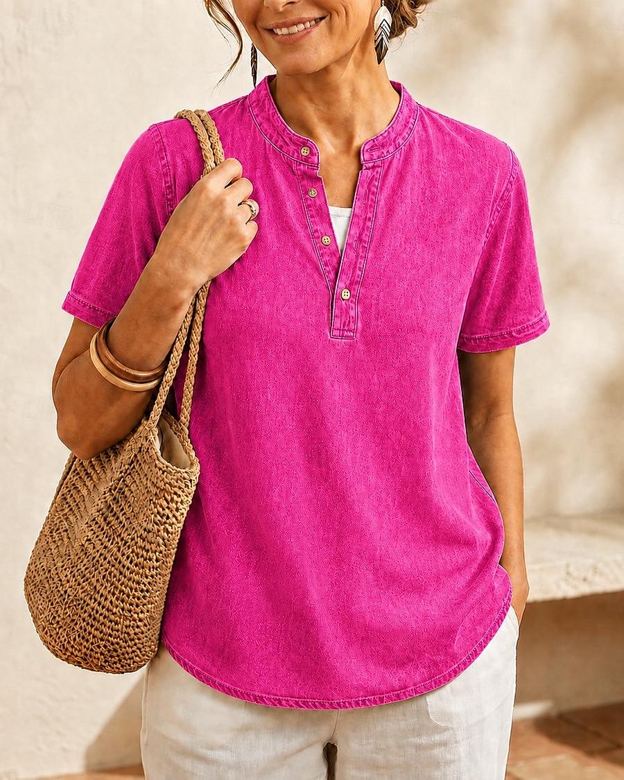 SoftFade™ Women's 100% Cotton Henley Shirt Solid Color Vintage Fashion Stylish Short Sleeve V Neck Regular Tops Casual Beach Blue Khaki Black Purple Orange Summer Spring 2026 - $28.99 –P13