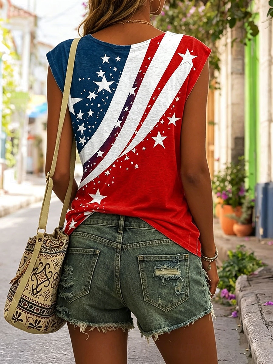 Dia da Independência Americana Mulheres Blusa Imprimir Gráfico Bandeira Vintage Roupa de rua à moda Sem Manga Decote V Tops regulares Casual Diário Vermelho Verão Primavera de 2026 por $19.99 –P2