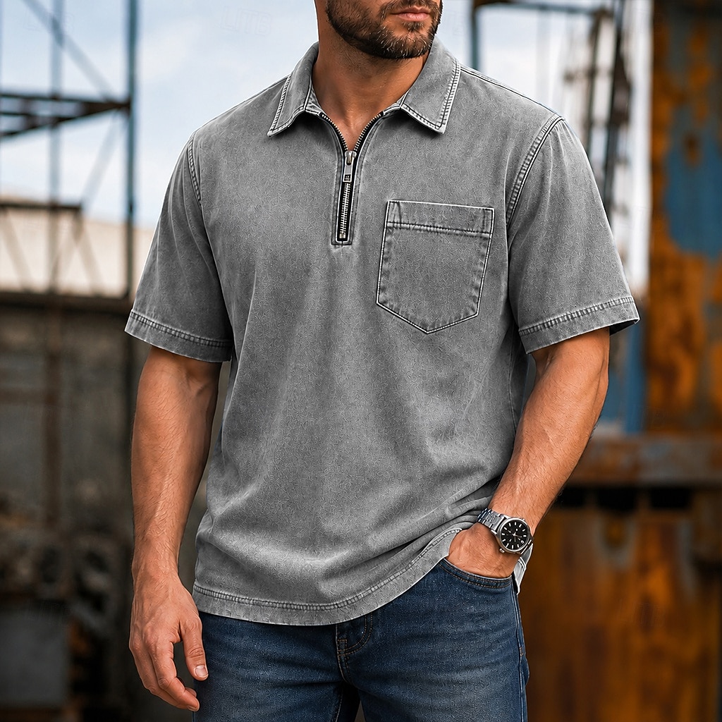 Koszule polo SoftFade™ Męskie 100% Bawełna Koszula z efektem washed Casual Codzienny ubiór Zamek ćwierć zamka Krótki rękaw Vintage Podstawowa Gładka Kieszonka Zniszczona Lato Luźny krój Czarny Różowy 2026 - $35.99 –P8