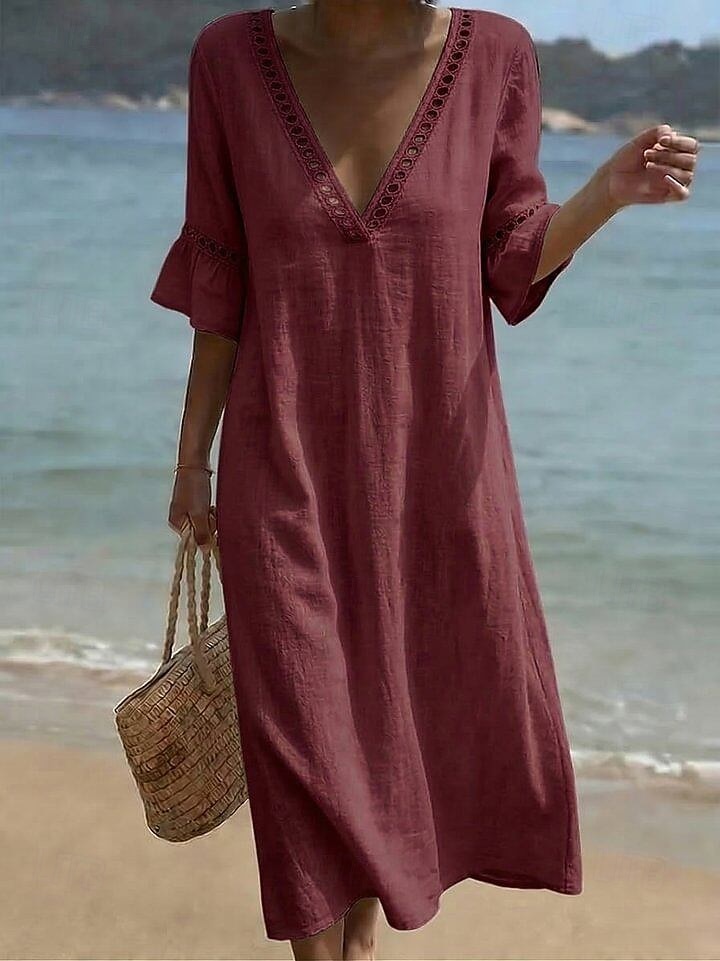 Mulheres Vestido midi Vestidos Para o Verão Elegante Férias Manga Princesa Praia Ajuste Largo Côr Sólida Meia Manga Decote mergulhador Azul Claro Branco Champanhe Verde Claro Verão Primavera de 2026 por $26.99 –P7