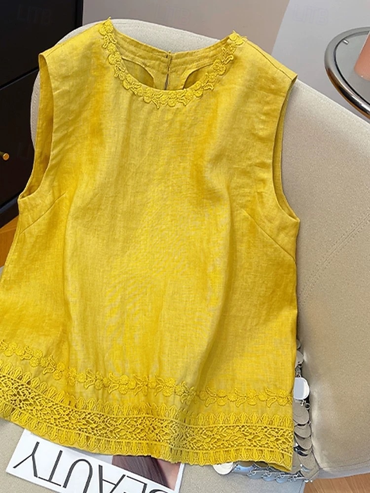 Mulheres Camisa Social Blusa Franzido Bordado Vintage Sem Manga Gola Redonda Tops regulares Azul Branco Amarelo Azul Marinha Verão Primavera de 2026 por $22.99 –P3