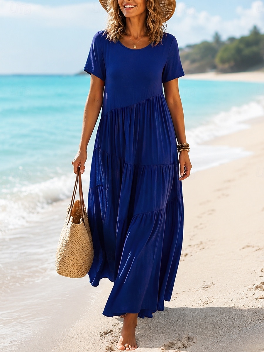 Women's Vintage Crew Neck Ruffle Pleated Asymmetric Maxi Dress Khaki Black White Pink Summer 2026 - $24.99 –P4