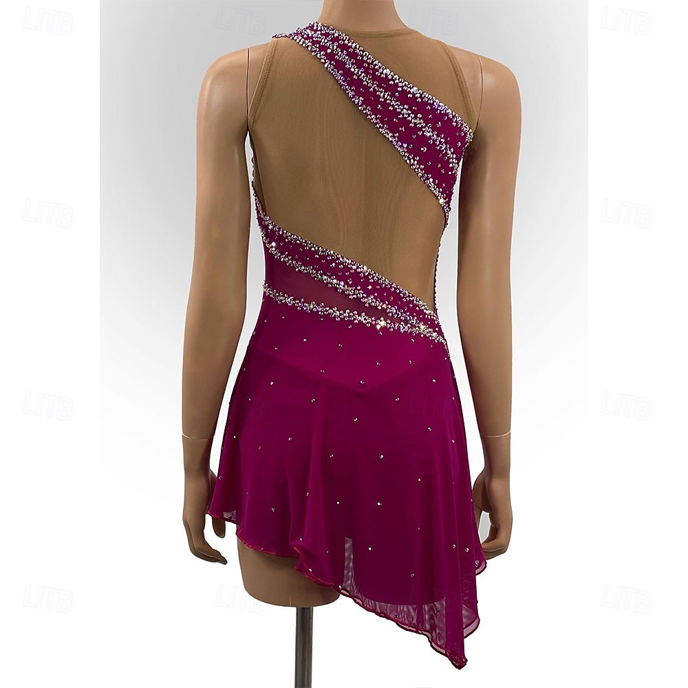 Figure Skating Dress Women's Ice Skating Dress Rose Red Patchwork Asymmetric Hem High Elasticity Training Competition Skating Wear Classic Crystal / Rhinestone Sleeveless Ice Skating Figure Skating 2026 - $361.89 –P3