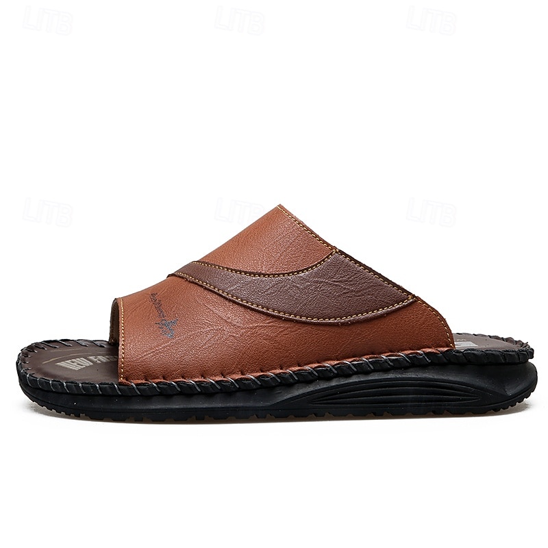 Sandálias masculinas bicolor pretas e brancas, modelo slide, com bico aberto, costuradas à mão, confortáveis e casuais para o verão, ideais para uso diário, férias, em casa e momentos de lazer ao ar livre. de 2026 por $34.99 –P14
