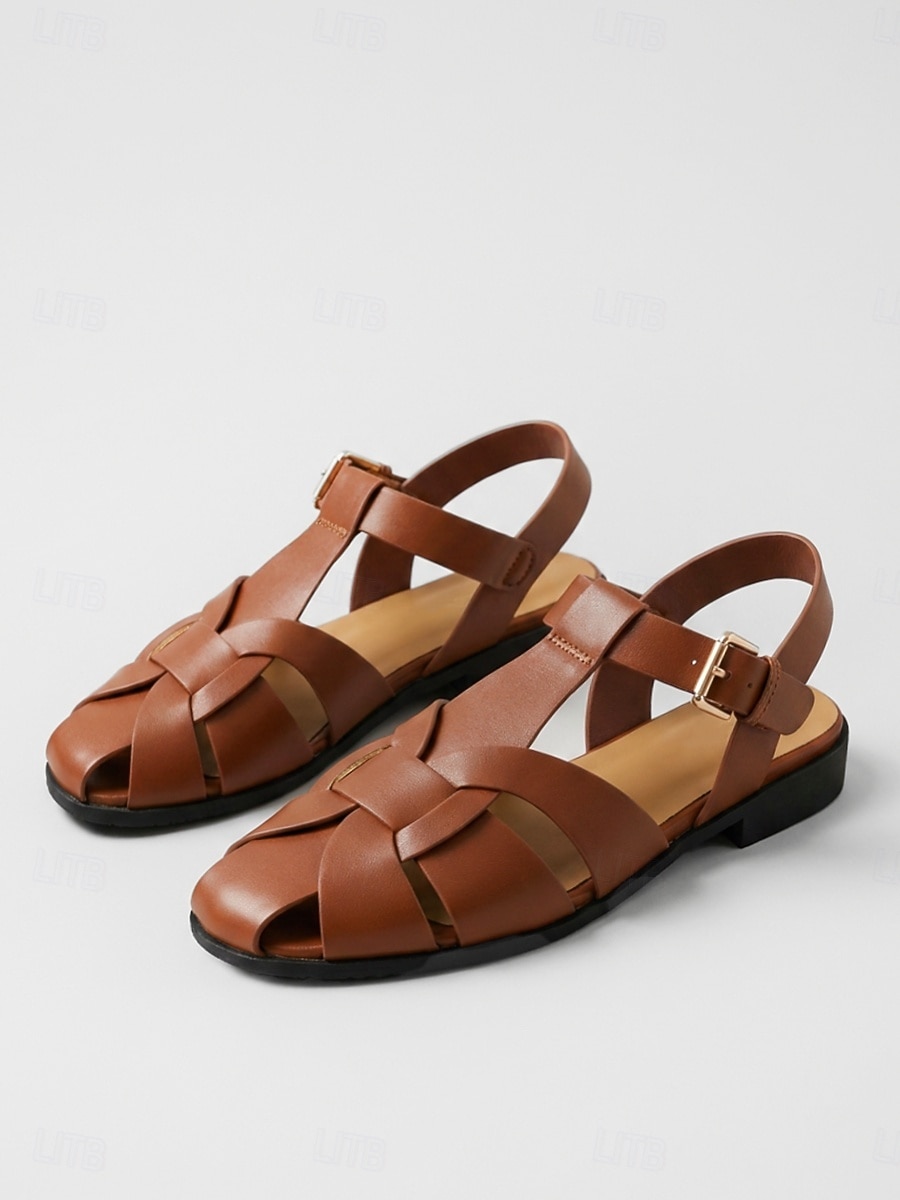 Women's Brown Woven Closed-Toe Gladiator Sandals - Fisherman Sandals with Adjustable Buckle, Casual Summer Flat Sandals for Everyday Wear and Vacation 2026 - $42.99 –P1