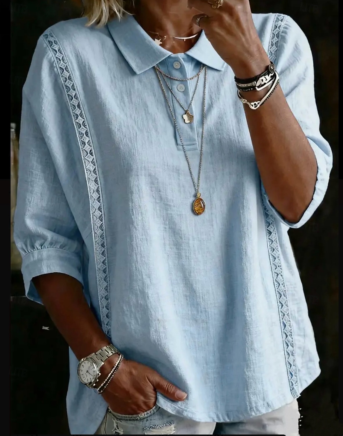 Women's Polo Shirts Blouse Lace Tops Plain Bohemia 3/4 Length Sleeve Lapel Regular Tops Light Blue White Pink Royal Blue Sky Blue Summer Spring 2026 - $31.99 –P3